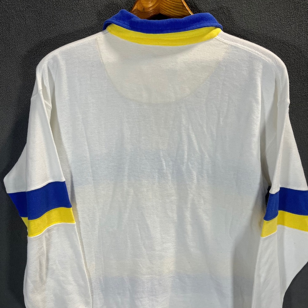 Fiddlehead Mens Long Sleeve Rugby Shirt White Blue Yellow Stripe Cotton Size M - Picture 3 of 5